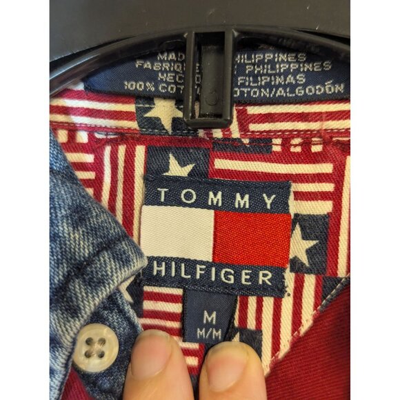 Vintage Tommy Hilfiger Red Button-Up Shirt With Denim Collar Boys M - Picture 3 of 6